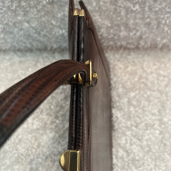 VINTAGE ESCORT BAG GENUINE LIZARD BROWN STRUCTURED FRAME HANDBAG SATCHEL VTG - Picture 4 of 16